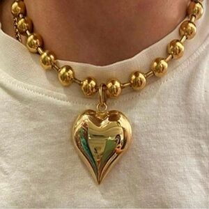 Gold Heart Pendant Necklace with Beaded Chain
